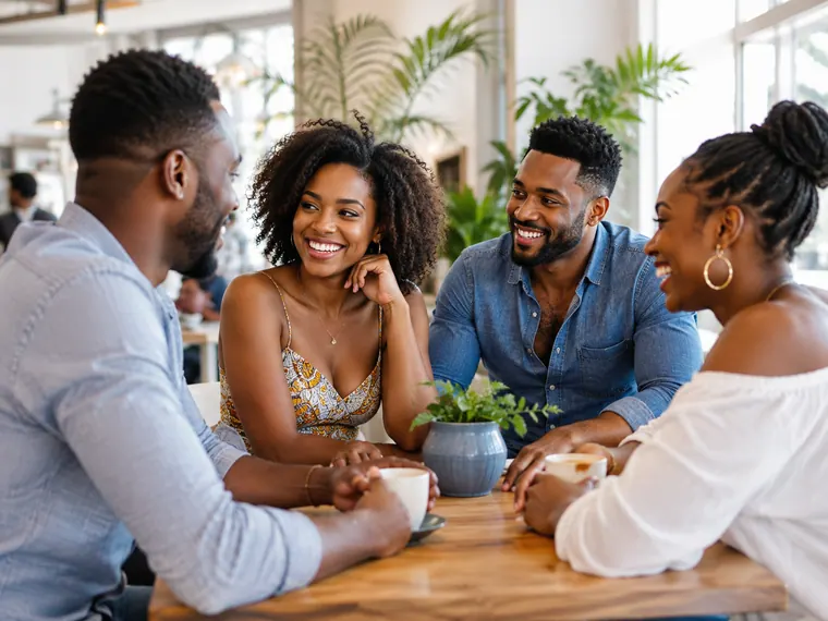 Four friends talking over coffee around a café table